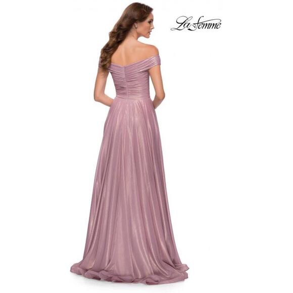 NWT La Femme Iridescent Off the Shoulder Chiffon Gown sz 14 - Picture 3 of 9